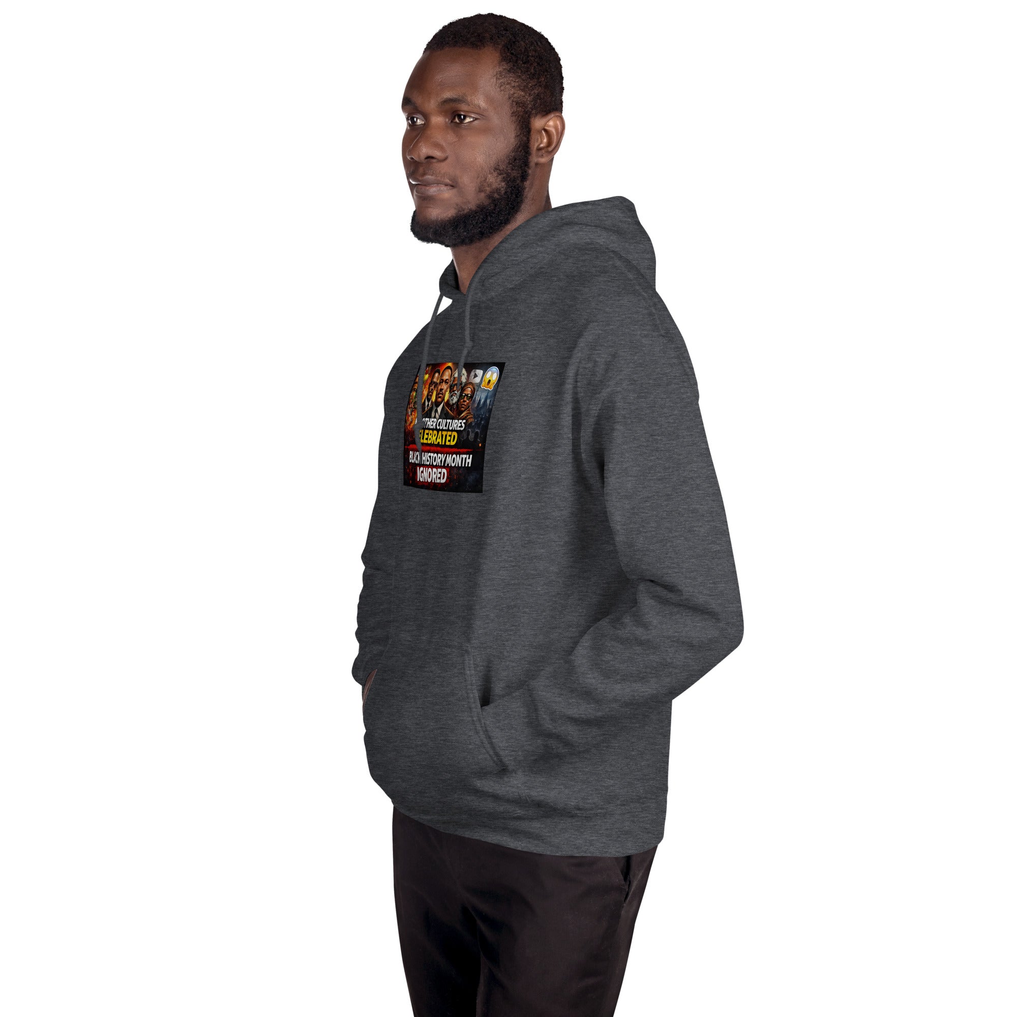 Unisex dark heather gray hoodie, side view showing front hem and chest print