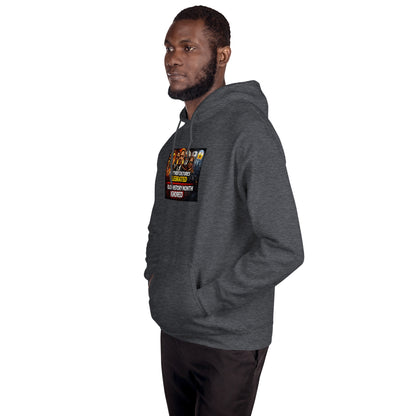 Unisex dark heather gray hoodie, side view showing front hem and chest print