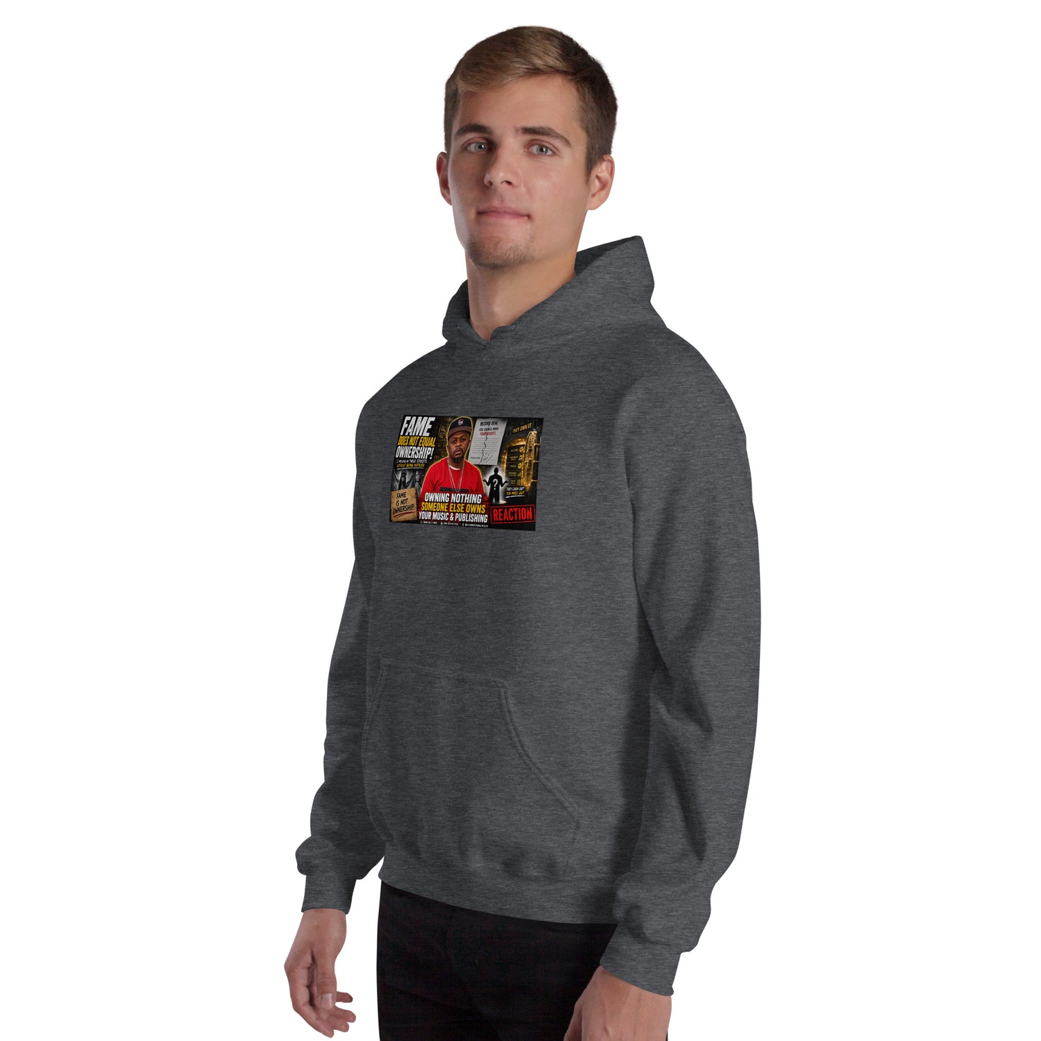 Dark gray heather unisex hoodie with chest graphic and drawstring hood.