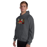 Dark gray heather unisex hoodie with chest graphic and drawstring hood.