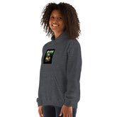 Dark gray pullover hoodie with hood, front graphic print, and long sleeves.