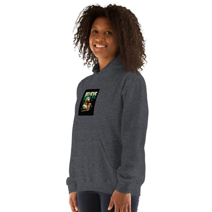Dark gray pullover hoodie with hood, front graphic print, and long sleeves.