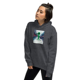 Dark heather gray pullover hoodie with hood and colorful chest graphic