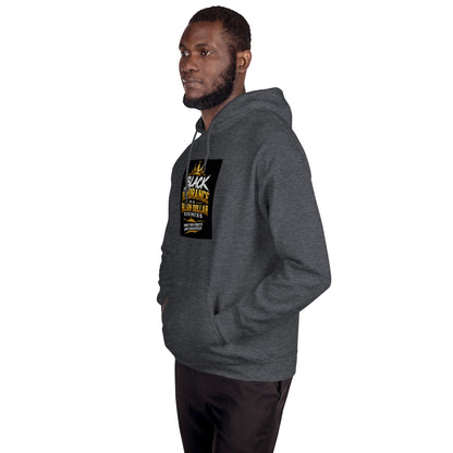 Unisex pullover hoodie in dark gray with hood and front pocket, graphic chest patch