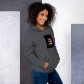 Unisex heather gray hoodie with hood, kangaroo pocket, and square chest graphic.