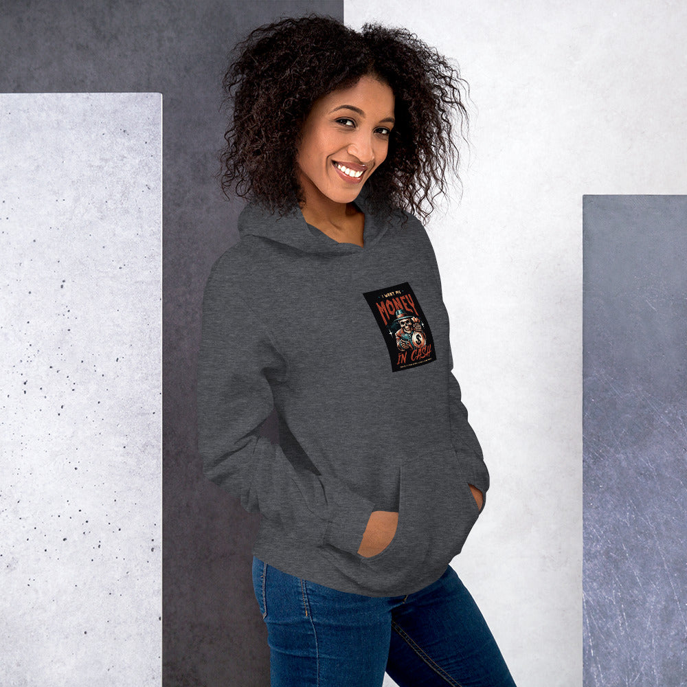 Dark heather gray unisex hoodie, front quarter view of hood and &