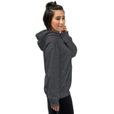 Unisex pullover hoodie, dark heather gray, front three-quarter view, hooded neckline
