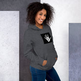 Unisex dark heather hoodie with square handprint graphic on front