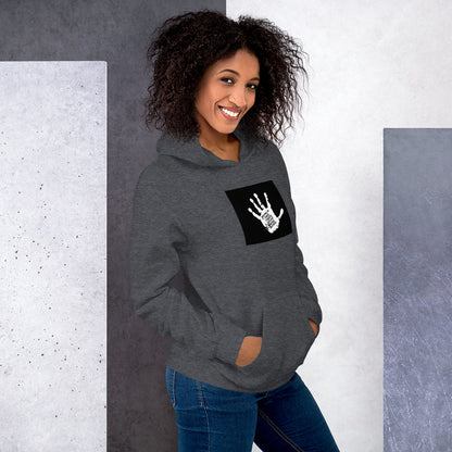 Unisex hoodie in dark heather gray, large chest graphic, front pocket and hood