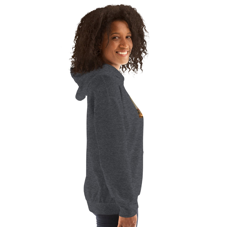 Sport Grey unisex hoodie, angled front view showing hood and sleeve length