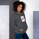 Unisex hoodie in dark heather gray with front graphic patch and hood.