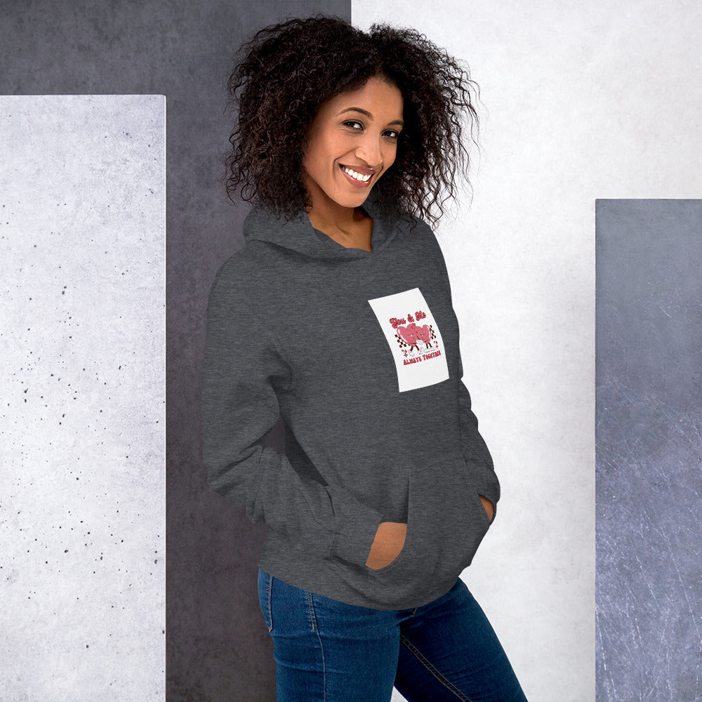 Unisex hoodie in dark heather gray, front view with small chest heart graphic.
