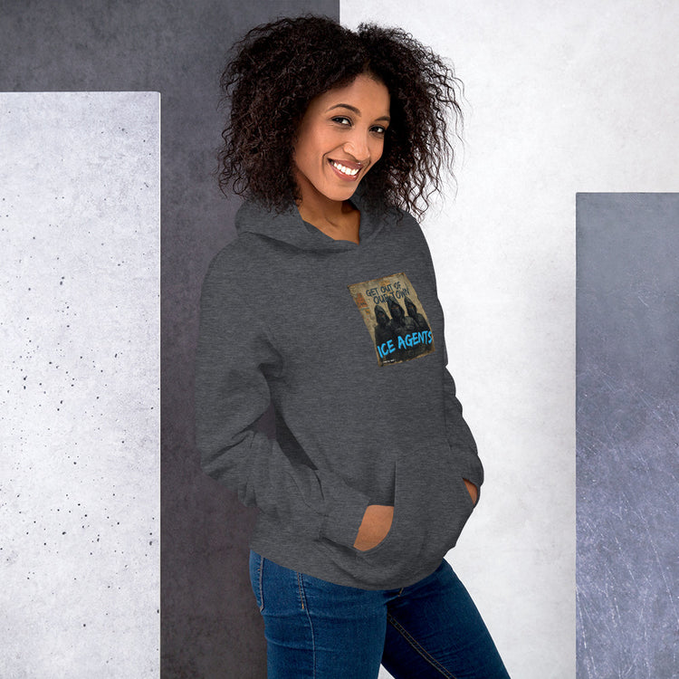 Dark heather gray unisex hoodie with front “ICE AGENTS” print and hood