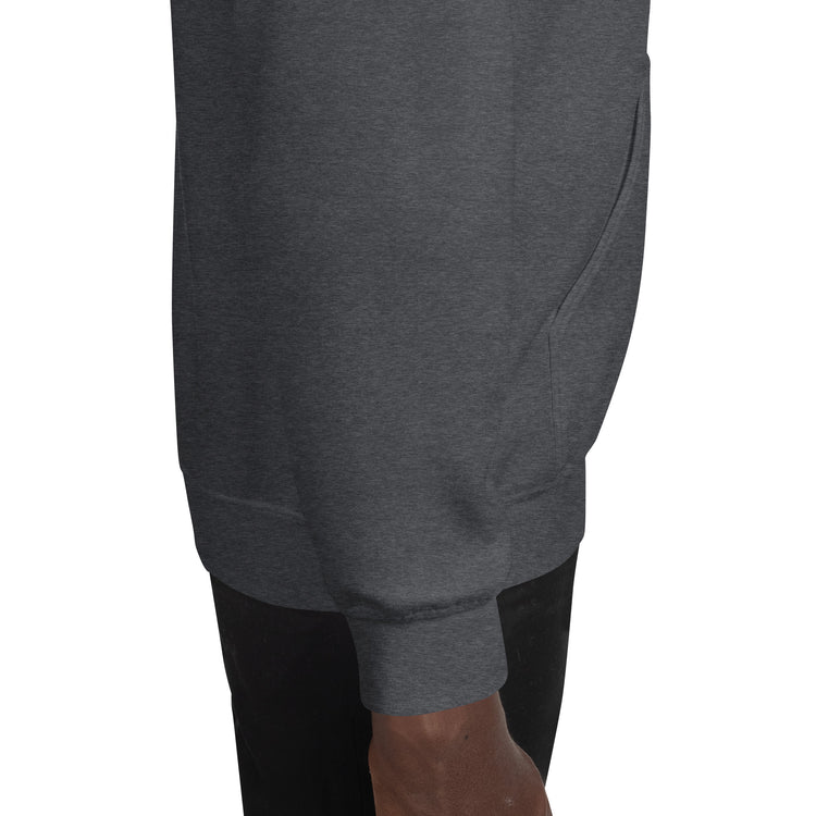 Dark heather gray hoodie lower front pocket area and hem seam detail