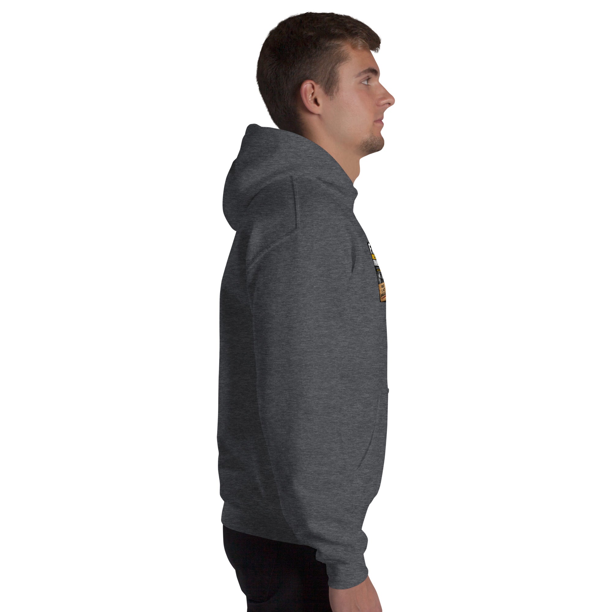 Dark gray heather unisex hoodie sleeve view with small side graphic print.