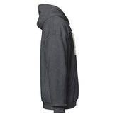 Dark heather gray unisex pullover hoodie, side view, with hood and kangaroo pocket