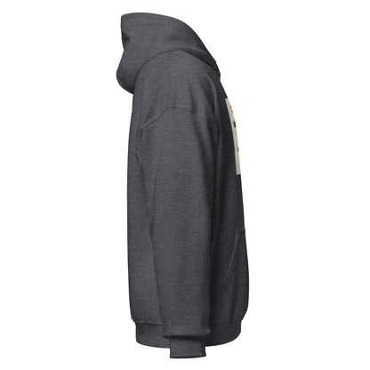 Dark heather gray unisex pullover hoodie, side view, with hood and kangaroo pocket