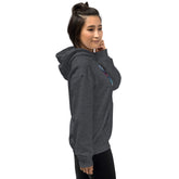 Dark heather gray hoodie with hood, front pocket, and colorful chest print