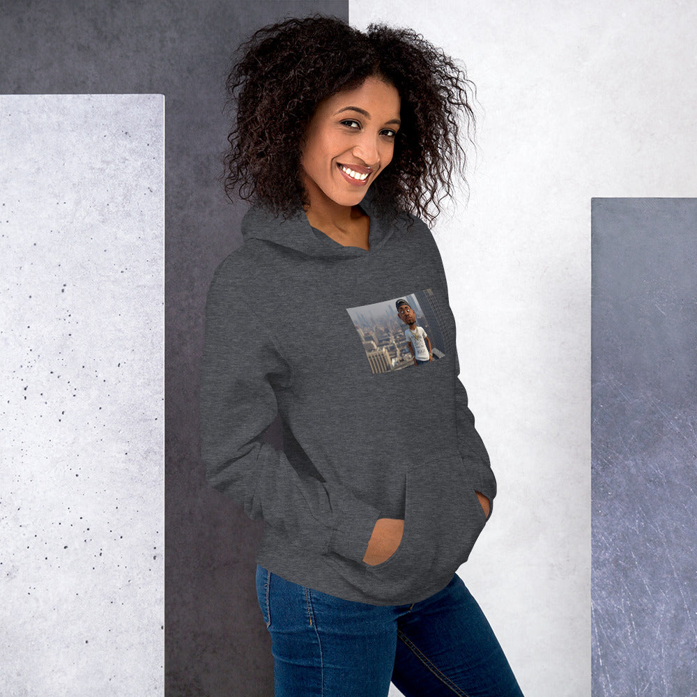 Dark gray pullover hoodie with hood and front pocket, featuring a chest photo graphic.
