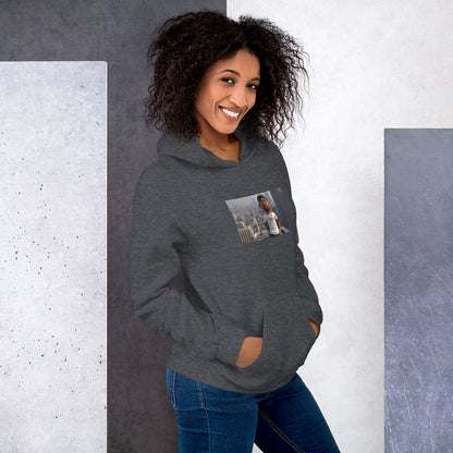 Dark gray pullover hoodie with hood and front pocket, featuring a chest photo graphic.