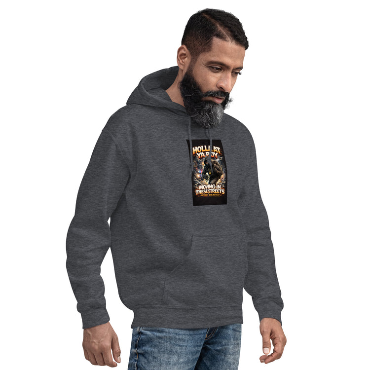 Dark heather gray unisex hoodie with centered front graphic and kangaroo pocket