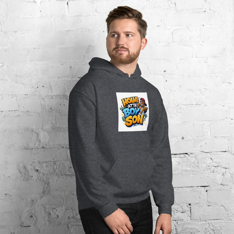 Dark gray unisex hoodie with colorful front logo graphic, front view