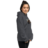 Unisex dark heather gray hoodie with front graphic print and ribbed cuffs.