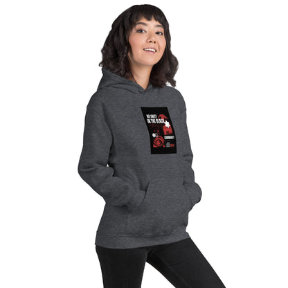 Unisex hoodie in dark heather gray, chest graphic, pullover hood with drawstrings