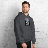 Dark heather unisex hoodie with front chest logo graphic and hood