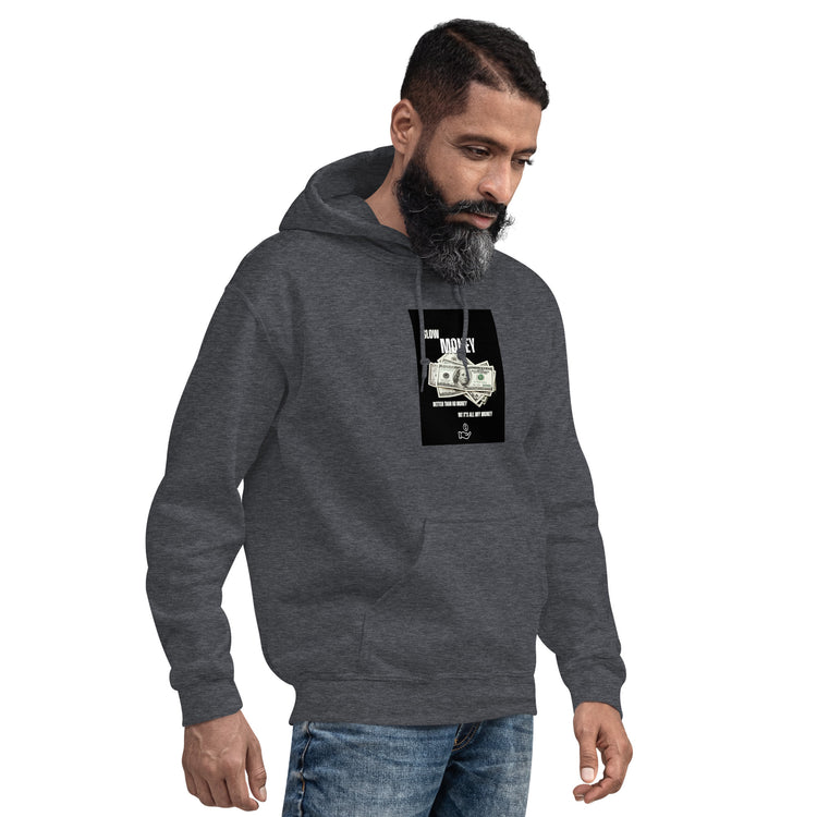 Unisex charcoal gray pullover hoodie with hood and front pocket, printed chest graphic