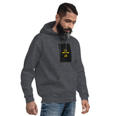 Unisex dark gray hoodie with front kangaroo pocket and chest graphic print
