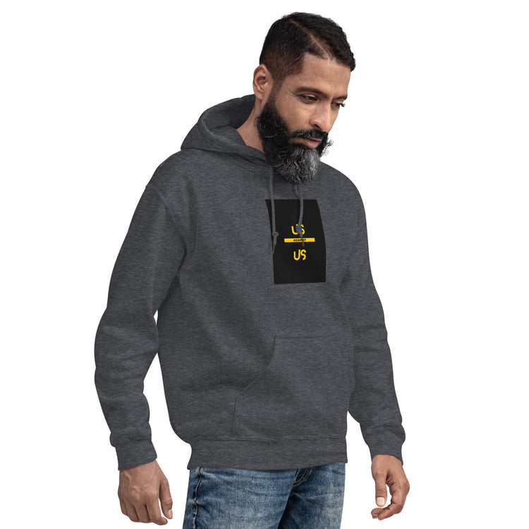 Unisex dark gray hoodie with front kangaroo pocket and chest graphic print
