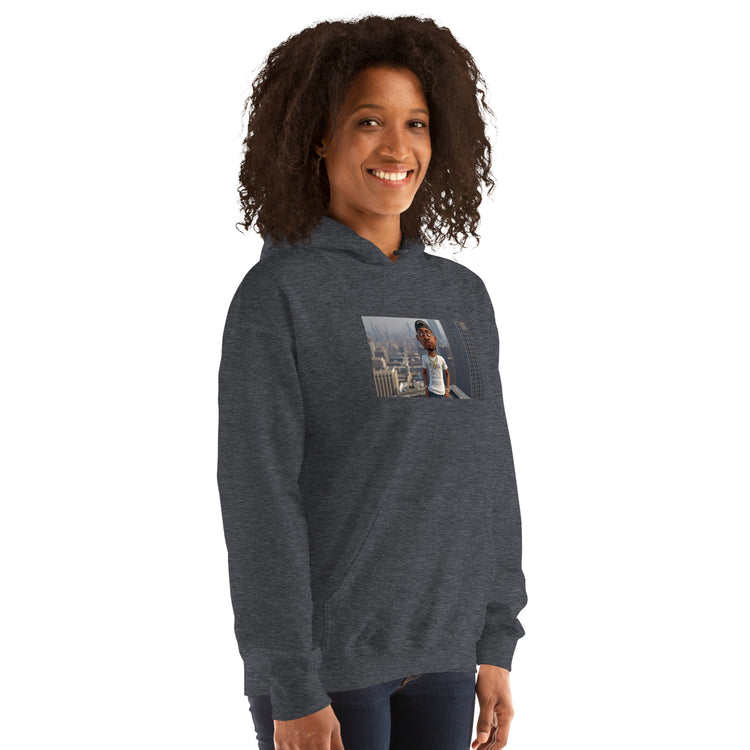 Heather gray unisex hoodie with front photo graphic and hood in sweatshirt fabric