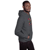 Gray unisex pullover hoodie side view with colorful front graphic