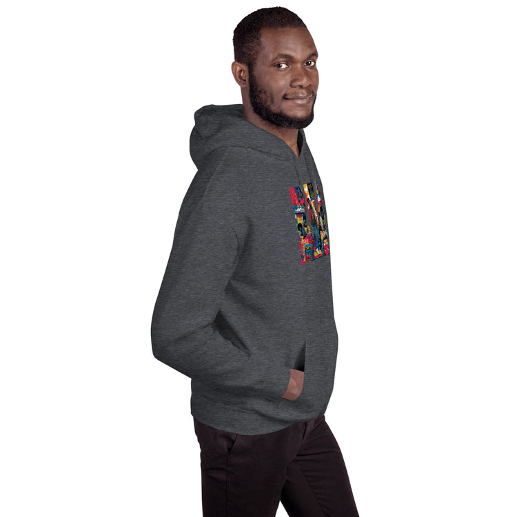 Gray unisex pullover hoodie side view with colorful front graphic