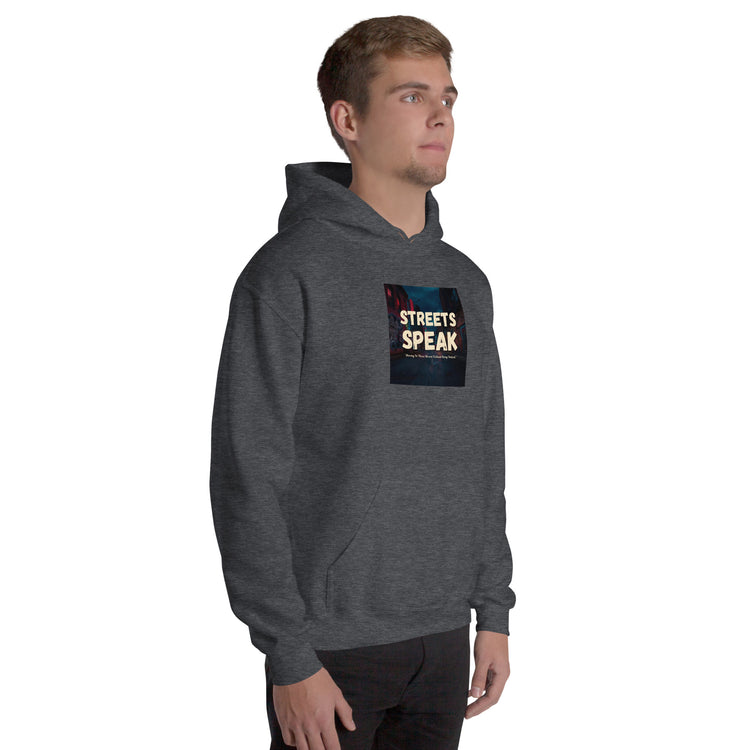 Unisex heather gray hoodie with front logo graphic, hood, and ribbed cuffs.