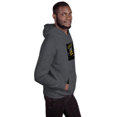 Dark heather gray unisex hoodie angled view with chest graphic patch and hood