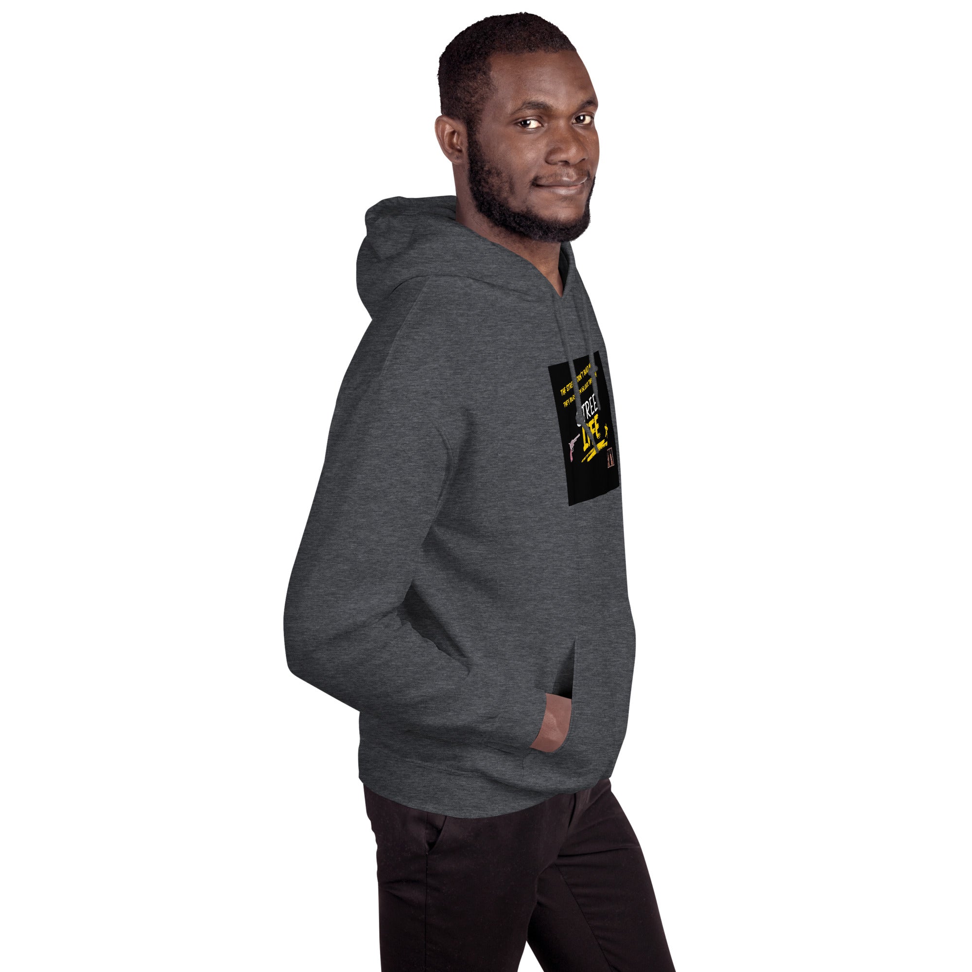 Street Life Unisex Hoodie Schulteransicht, grauer Melange mit Front-Grafik auf der Brust