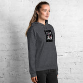 Dark gray unisex hoodie with drawstring hood, front pouch pocket, square chest logo patch