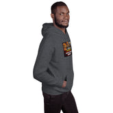 Dark heather gray hoodie with sleeve graphic patch and hood