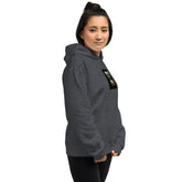 Unisex hoodie dark heather, side view with sleeve graphic and hood