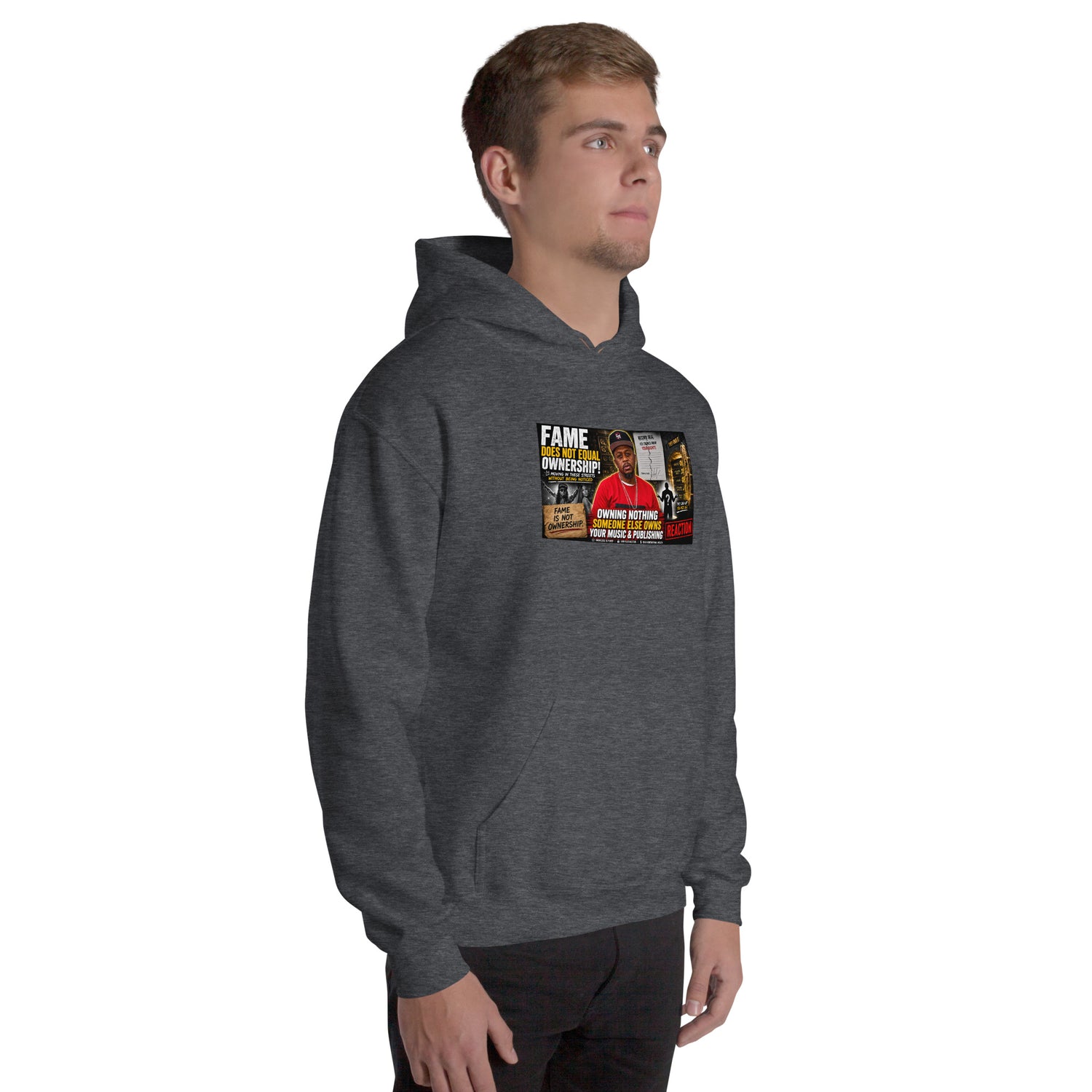 Dark gray heather unisex hoodie, front graphic centered on chest.