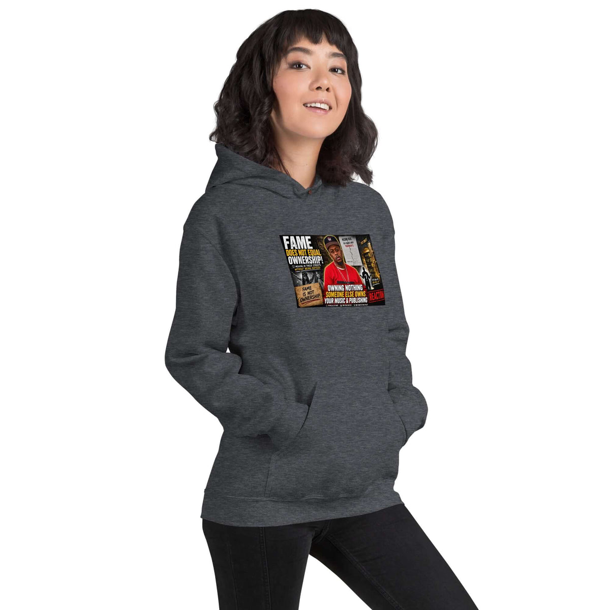Dark heather gray hoodie with chest graphic, drawstring hood and front kangaroo pocket