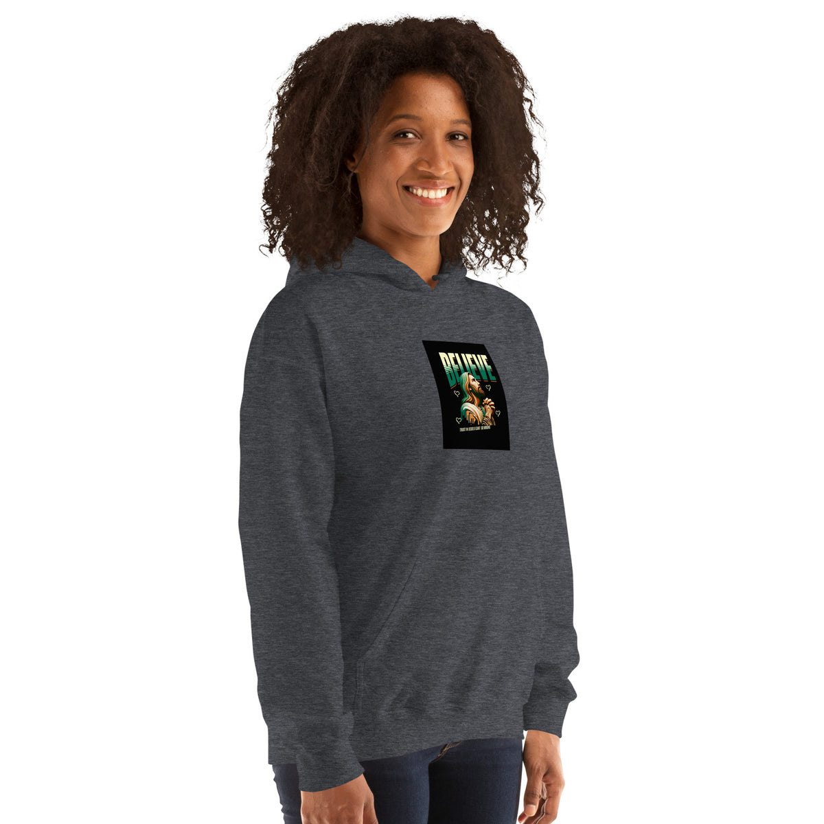 Dark gray pullover hoodie with hood and front graphic print.