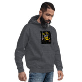 Dark gray pullover hoodie with hood drawstrings, kangaroo pocket, and square front graphic logo.