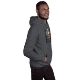 Dark heather gray pullover hoodie with rectangular chest graphic print.