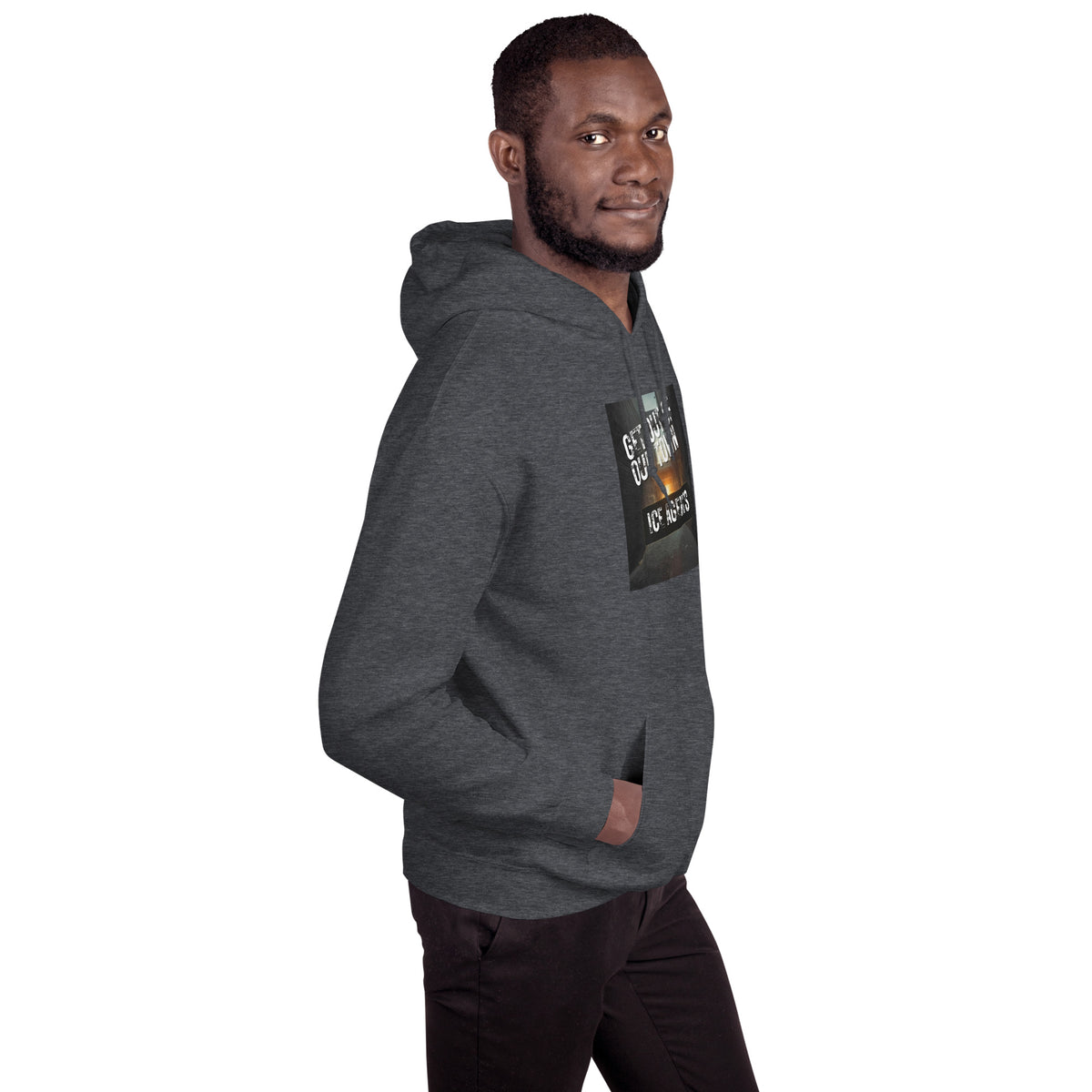 Dark heather gray pullover hoodie with rectangular chest graphic print.