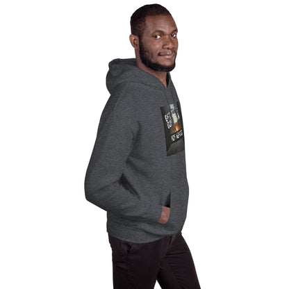 Dark heather gray pullover hoodie with rectangular chest graphic print.