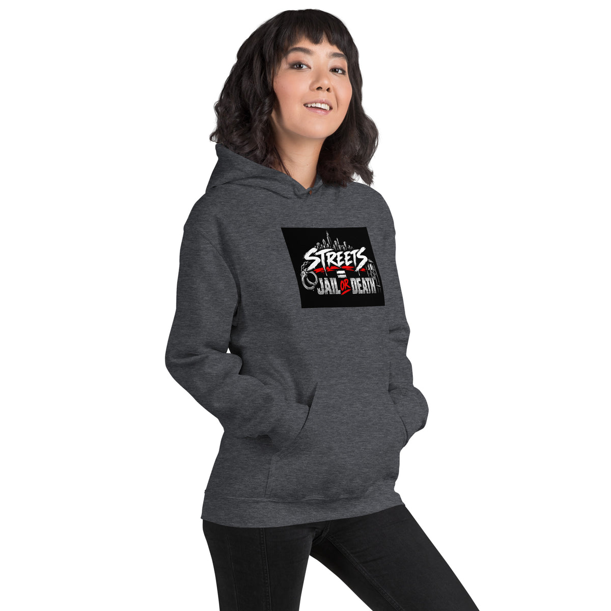 Unisex heather gray hoodie front view with centered chest graphic and kangaroo pocket