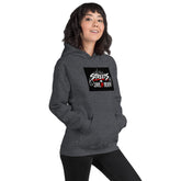 Unisex heather gray hoodie front view with centered chest graphic and kangaroo pocket